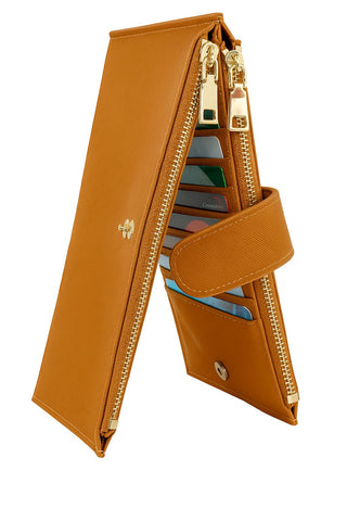 Genuine Leather Folding Snap Wallet – 19 Card Slots with Dual Zipper Pocket and ID Card Slot