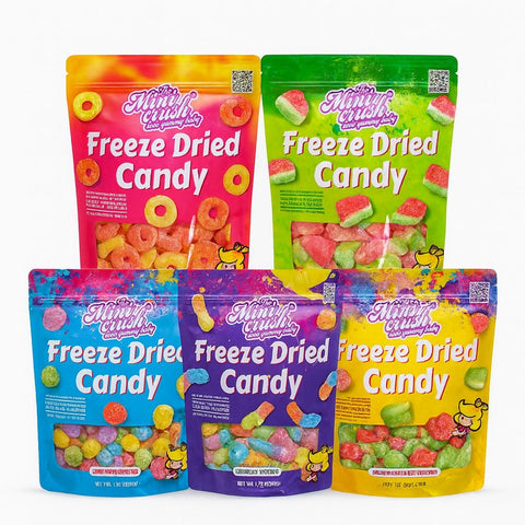 Freeze Dried Candy – 5 Flavor Variety Pack Crunchy Peach Rings, Watermelon, Puffs, Worms & Burger Candy (1.7oz Each) – Sweet, Crunchy Treat for School, Family, Birthdays & Party Favors