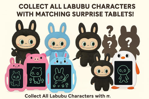 Kids LCD Drawing Tablet with Labubu Design Doll – Random Color Plush + Pig or Robot Style Tablet (Surprise Combo!)
