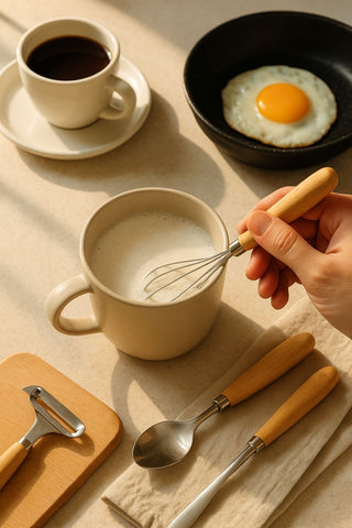 4-Piece Natural Wooden Handle Kitchen Utensil Set – Whisk, Serving Spoon, Peeler & Bottle Opener