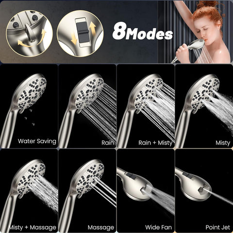 High Pressure 8-Mode Handheld Shower Head  with 80" Extra Long Stainless Steel Hose with Built-in Power Wash to Clean Tub, Tile & Pets
