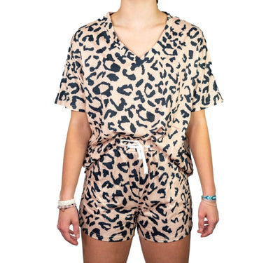 Women's Leopard Print Drawstring Top & Shorts Set