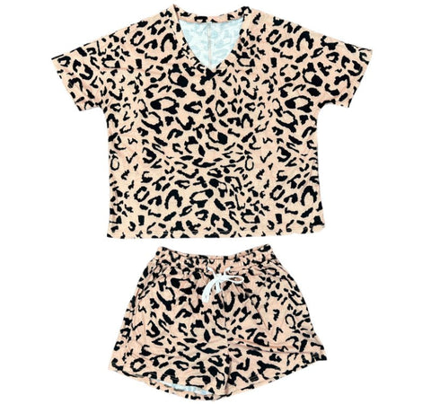 Women's Leopard Print Drawstring Top & Shorts Set